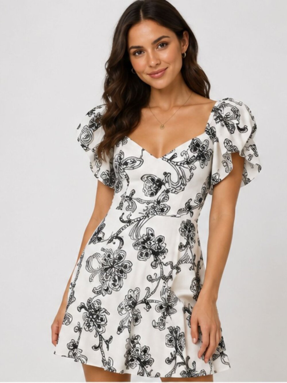 NWT-DO+BE Black White Floral Puff Sleeve Fit & Flare Mini Dress Small